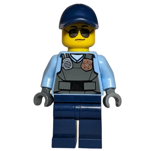 Policeman (Dark Bluish Gray Vest with Radio, Badge, and 'POLICE' on Back over Medium Blue Shirt, Dark Blue Cap, Sunglasses)
