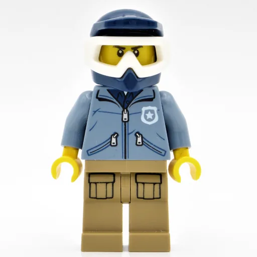 Policeman (Sand Blue Jacket with Pockets and 'POLICE' on Back, Dark Blue Dirt Bike Helmet with Goggles)