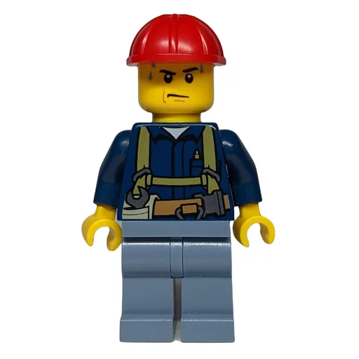 Construction Worker (Dark Blue Shirt with Harness, Red Hard Hat, Sweat Drops)