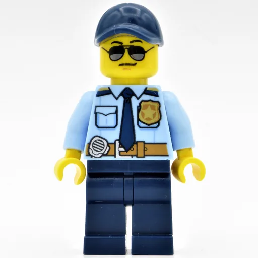 Policeman (Bright Light Blue Shirt with Dark Blue Tie, Badge, and Radio on Belt, Dark Blue Cap, Sunglasses)