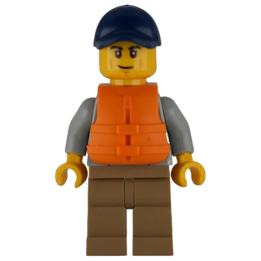 Man (Light Bluish Gray Hoodie over Dark Red Shirt, Dark Tan Legs, Dark Blue Cap, Orange Life Vest)