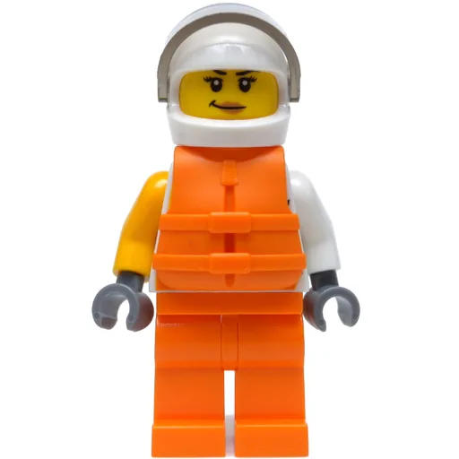 Racer (Woman, White and Orange Jumpsuit with 'VITA RUSH', White Helmet with Visor, Orange Life Vest)