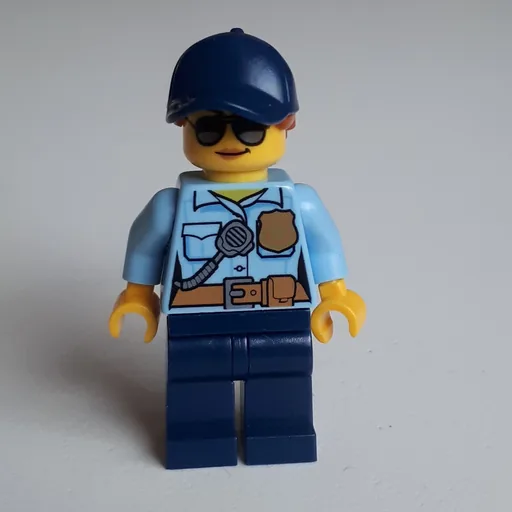 Policewoman Sam Solo (Bright Light Blue Shirt with Radio and Badge, Dark Blue Legs, Dark Blue Cap with Hair, Sunglasses)