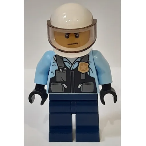 Policeman (Black Vest with Badge and Pouches over Bright Light Blue Shirt, Dark Blue Legs, White Helmet with Visor)