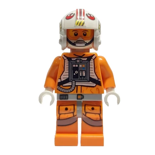 Luke Skywalker (Orange Rebel Pilot Outfit, Light Bluish Gray Hips, White Hands,  Visor on One Side of Head)