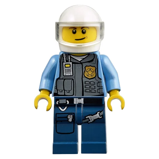 Policeman in Vest with Gold Badge (Radio, and Pockets. White Helmet with Trans-Clear Visor)