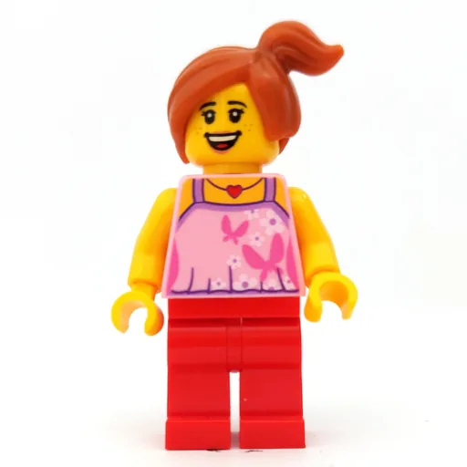 Child with Bright Pink Top with Butterflies and Flowers (Red Legs, Off-center Ponytail)