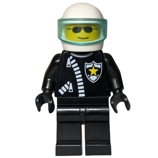 Policeman (Black Jacket with Zipper and Badge, White Helmet with Trans-Light Blue Visor)
