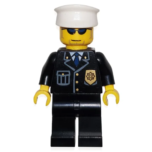 Policeman (Black Suit with Badge, White Hat, Sunglasses, Stubble)