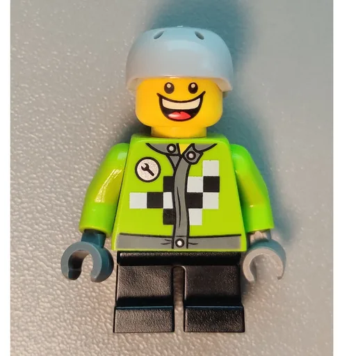 Boy (Lime Jack with Black and White Checks, Short Black Legs, Light Bluish Gray Helmet)