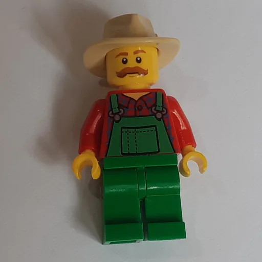 Man (Green Overalls over Red Shirt, Tan Wide Brim Hat)
