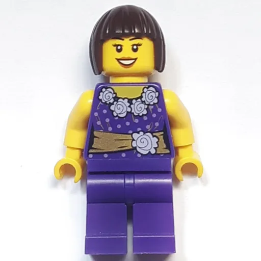 Woman (Dark Purple Outfit with Blouse, Flowers and Gold Sash, Dark Brown Hair)