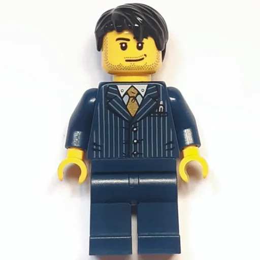 Man (Dark Blue Pinstripe Suit with Gold Tie, Black Hair)