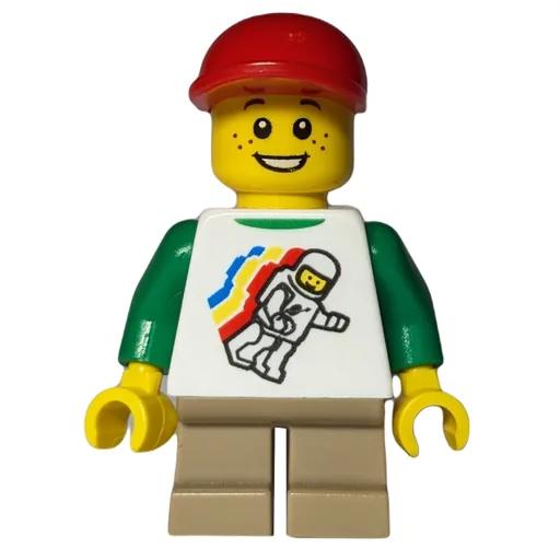 Boy (Floating Classic Spaceman on Shirt, Short Tan Legs, Red Cap)