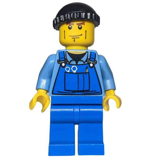 Man (Blue Overalls over Shirt, Blue Legs, Black Hat, Cheek Lines)