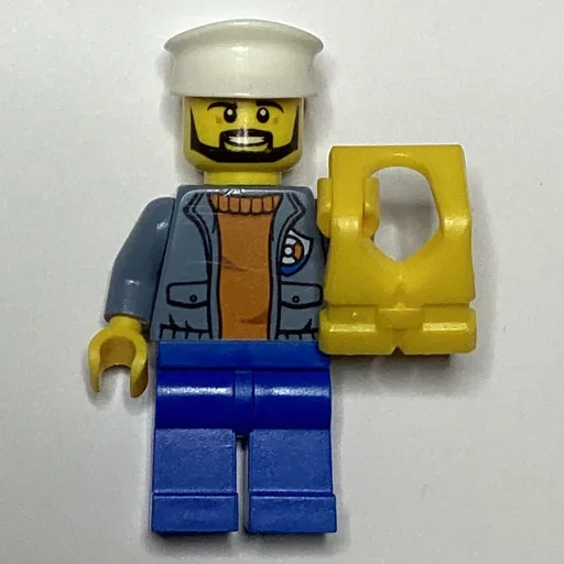 Coast Guard (Open Sand Blue Jacket with Badge over Orange Sweater, White Hat, Yellow Life Vest, Beard)