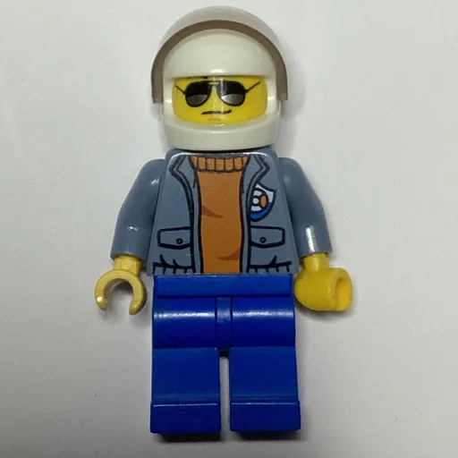 Coast Guard (Open Sand Blue Jacket with Badge over Orange Sweater, White Helmet with Visor, Sunglasses)