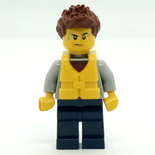 Man (Light Bluish Gray Hoodie over Dark Red Shirt, Dark Blue Legs, Yellow Life Vest)