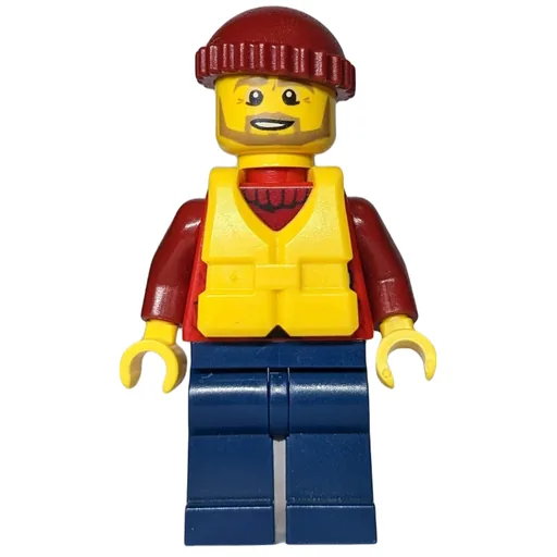 Man (Open Red Jacket over Dark Red Sweater, Dark Red Hat, Yellow Life Vest, Beard)