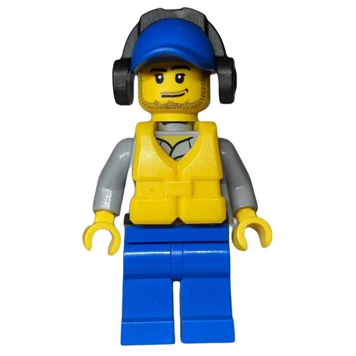 Coast Guard (Light Bluish Gray Shirt with Badge, Blue Cap, Ear Defenders, Yellow Life Vest, Stubble)