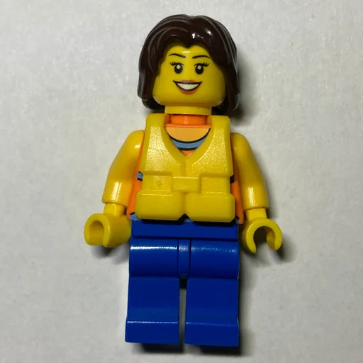 Woman (Orange Halter Top with Flowers, Blue Legs, Yellow Life Vest, Dark Brown Hair)