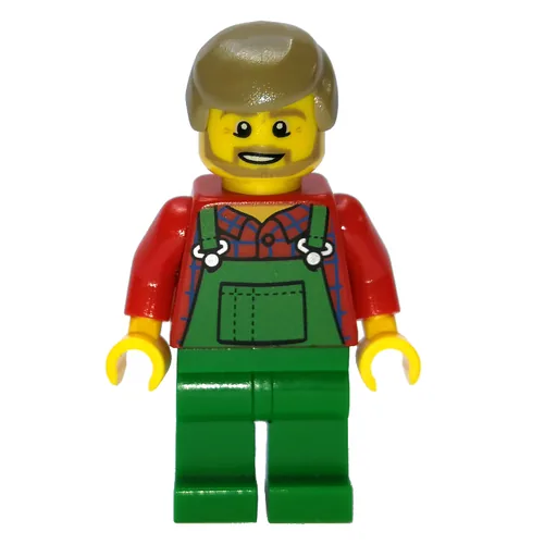 Man (Green Overalls over Red Shirt, Dark Tan Hair, Beard)