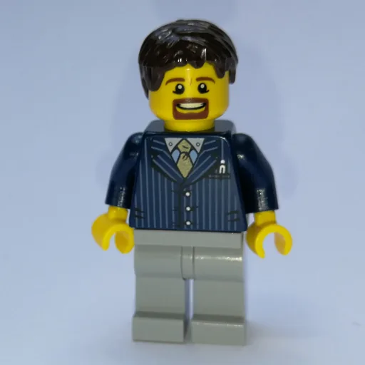 Man (Dark Blue Pinstripe Suit with Gold Tie, Dark Brown Hair)
