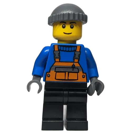 Man (Orange Overalls over Blue Sweater, Black Legs, Dark Bluish Gray Hat)
