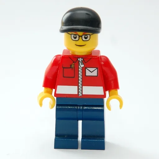 Postal Worker (Red Jacket with Zipper and Letter Logo, Dark Blue Legs, Black Cap, Glasses)