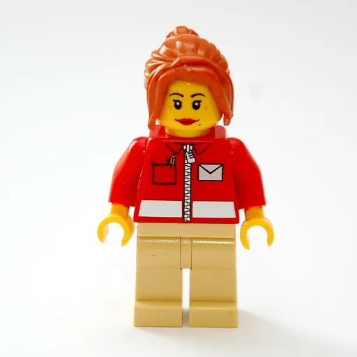 Postal Worker (Woman, Red Jacket with Zipper and Letter Logo, Dark Orange Hair)