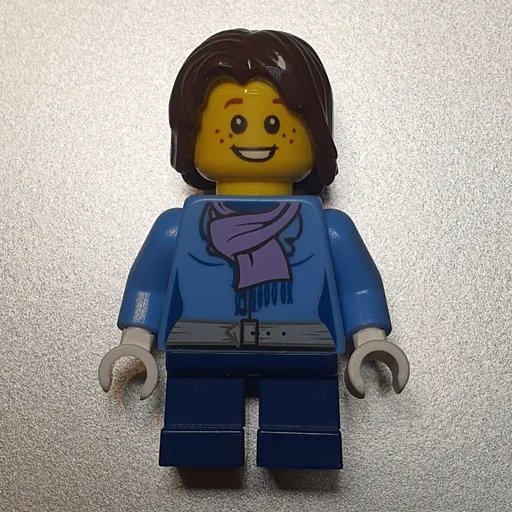 Girl (Medium Blue Jacket with Medium Lavender Scarf, Short Dark Blue Legs, Dark Brown Hair)