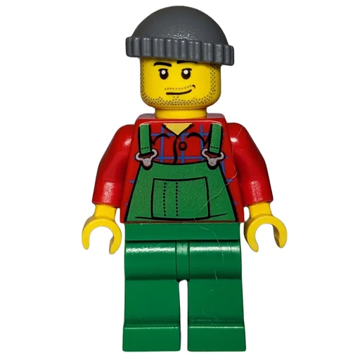 Man (Green Overalls over Red Shirt, Dark Bluish Gray Hat, Stubble)