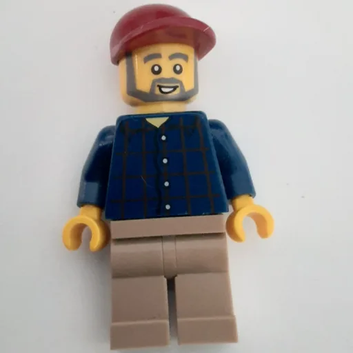 Man (Dark Blue Plaid Shirt, Tan Legs, Dark Red Cap, Beard)