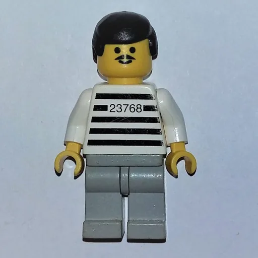 Jailbreak Joe (Prison Shirt with #23768, Light Bluish Gray Legs, Black Hair, Moustache)
