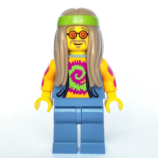 Flower Child (Open Sand Blue Vest over Bright Light Orange Shirt, Long Dark Tan Hair)