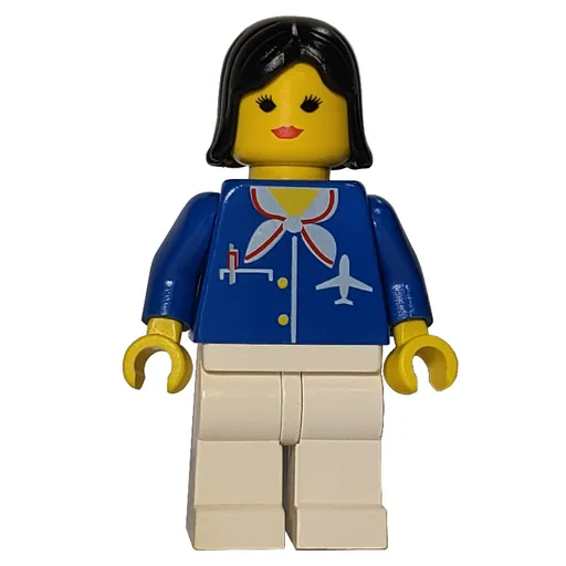 Airline Worker (Woman, Blue Jacket with Plane Logo and White Scarf, White Legs, Black Hair, Red Lips)