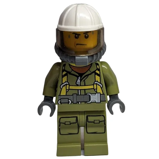 Volcano Explorer (Man, Olive Green Jumpsuit with Straps, White Hard Hat with Visor, Breathing Apparatus)