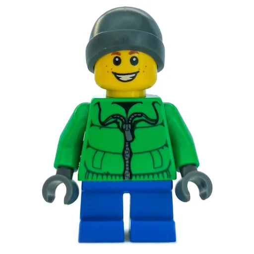 Boy (Green Jacket, Short Dark Blue Legs, Dark Bluish Gray Beanie Hat)