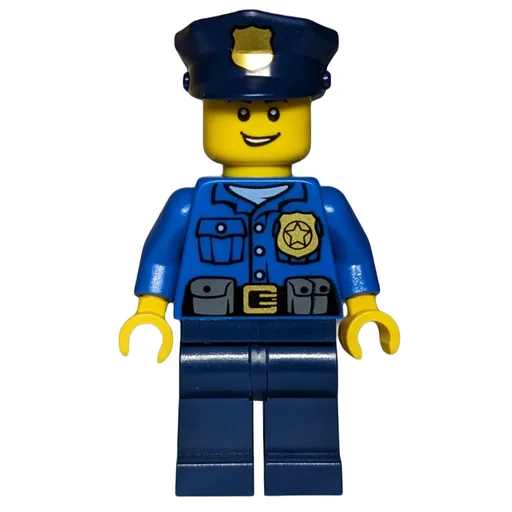 Policeman (Blue Shirt with Badge and Pouches, Dark Blue Legs, Dark Blue Police Hat with Badge, Open Mouth)