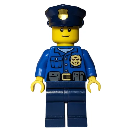 Policeman (Blue Shirt with Badge and Pouches, Dark Blue Legs, Dark Blue Police Hat with Badge)
