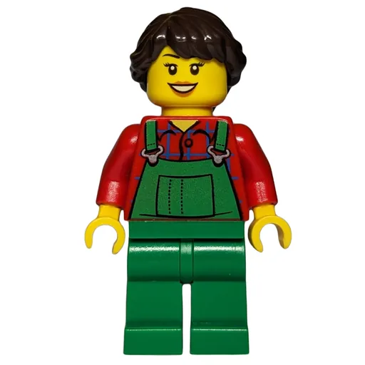 Woman (Green Overalls over Red Paid Shirt, Dark Brown Hair)