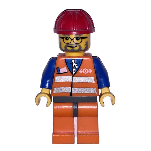 Train Worker (Orange Safety Vest with Train Logo, Orange Legs, Red Hard Hat, Glasses and Beard)