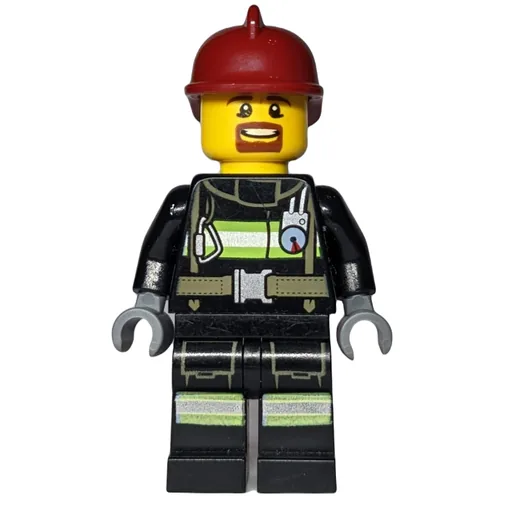 Firefighter (Black Fire Jacket with Straps and Gauge, Dark Red Helmet, Goatee Beard)