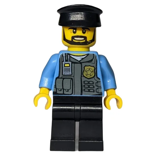 Policeman (Vest with Gold Badge, Radio, and Pockets. Black Hat, Beard)