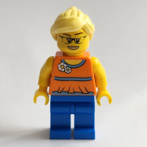 Woman (Orange Halter Top with Flowers, Blue Legs, Bright Light Yellow Hair, Glasses)