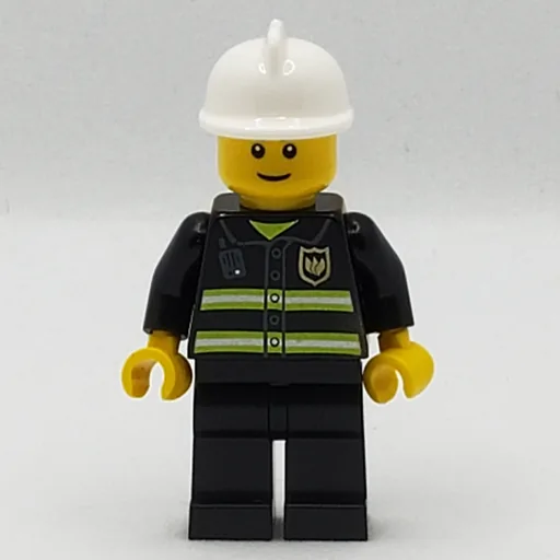Fireman (Black Fire Jacket with Radio and Badge, White Helmet, Reddish Brown Eyebrows (3626b Head))