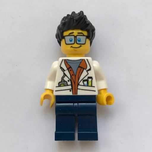 Scientist (Open White Jacket over Dark Orange Shirt, Dark Blue Legs, Glasses)