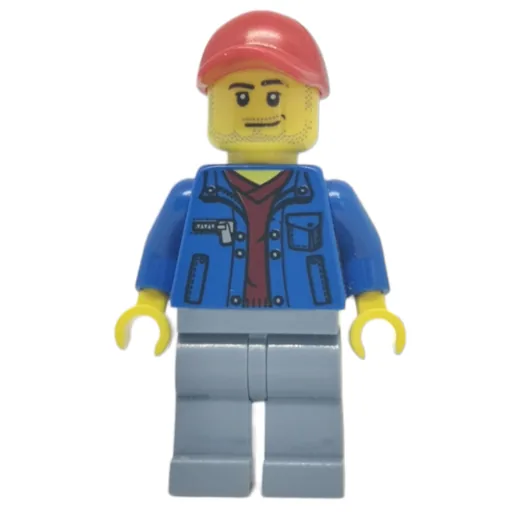 Man (Open Blue Jacket over Dark Red Shirt, Sand Blue Legs, Red Cap, Stubble)