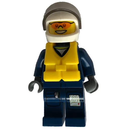 Policeman (Dark Blue Jacket with Pockets and Badge, White Helmet with Visor, Yellow Life Vest, Orange Sunglasses)