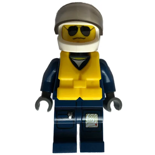 Policeman (Dark Blue Jacket with Pockets and Badge, White Helmet with Visor, Yellow Life Vest, Sunglasses and Wavy Mouth)